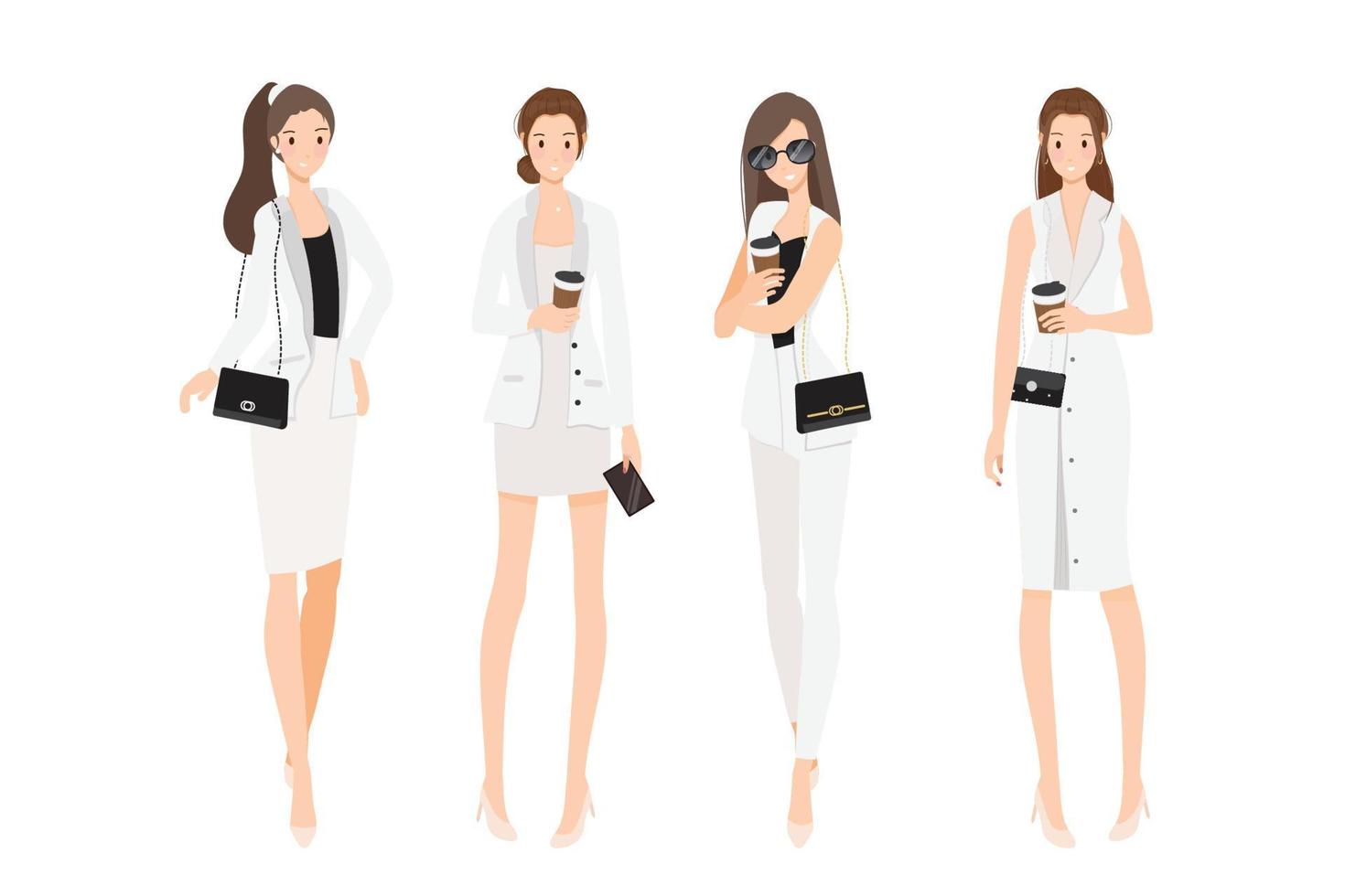 mujer en ropa de trabajo en blanco y negro colección de estilo plano vector