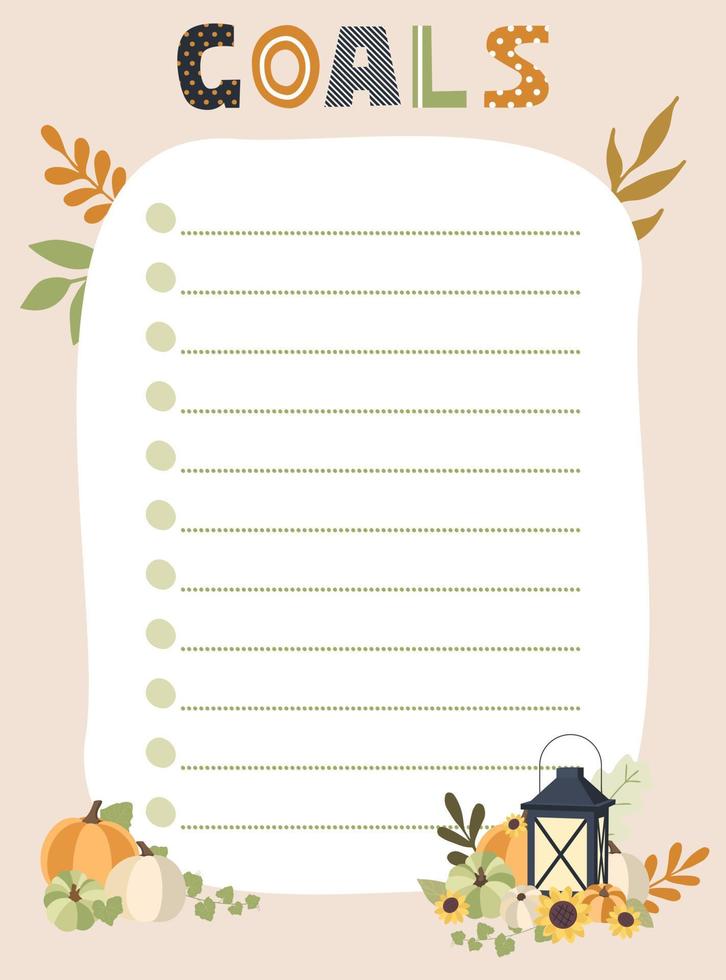 Goals check list. Vector illustration with autumn elements for planner. Cute and trendy.
