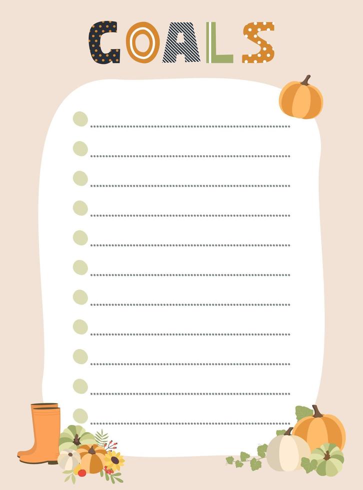 Goals check list. Vector illustration with autumn elements for planner. Cute and trendy.