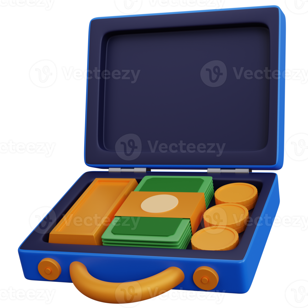 3d rendering suitcase filled with money and gold isolated png