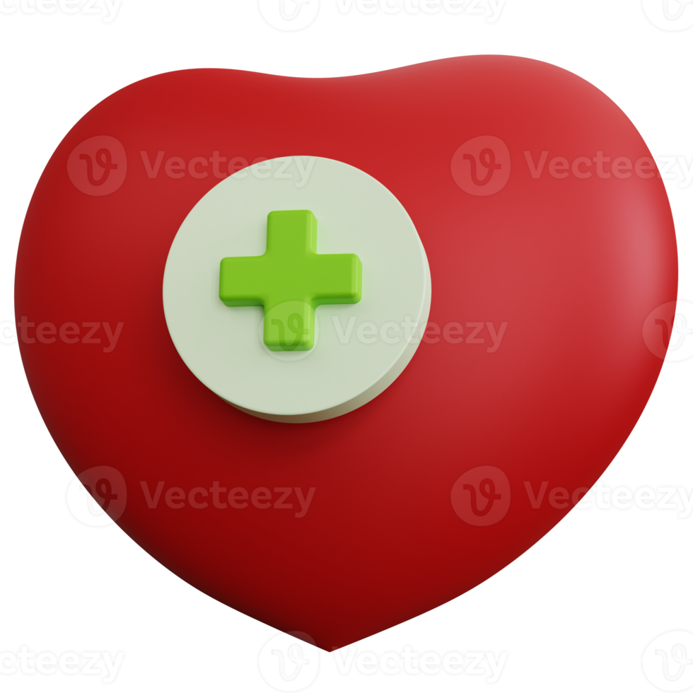 3d rendering red heart with plus sign isolated png