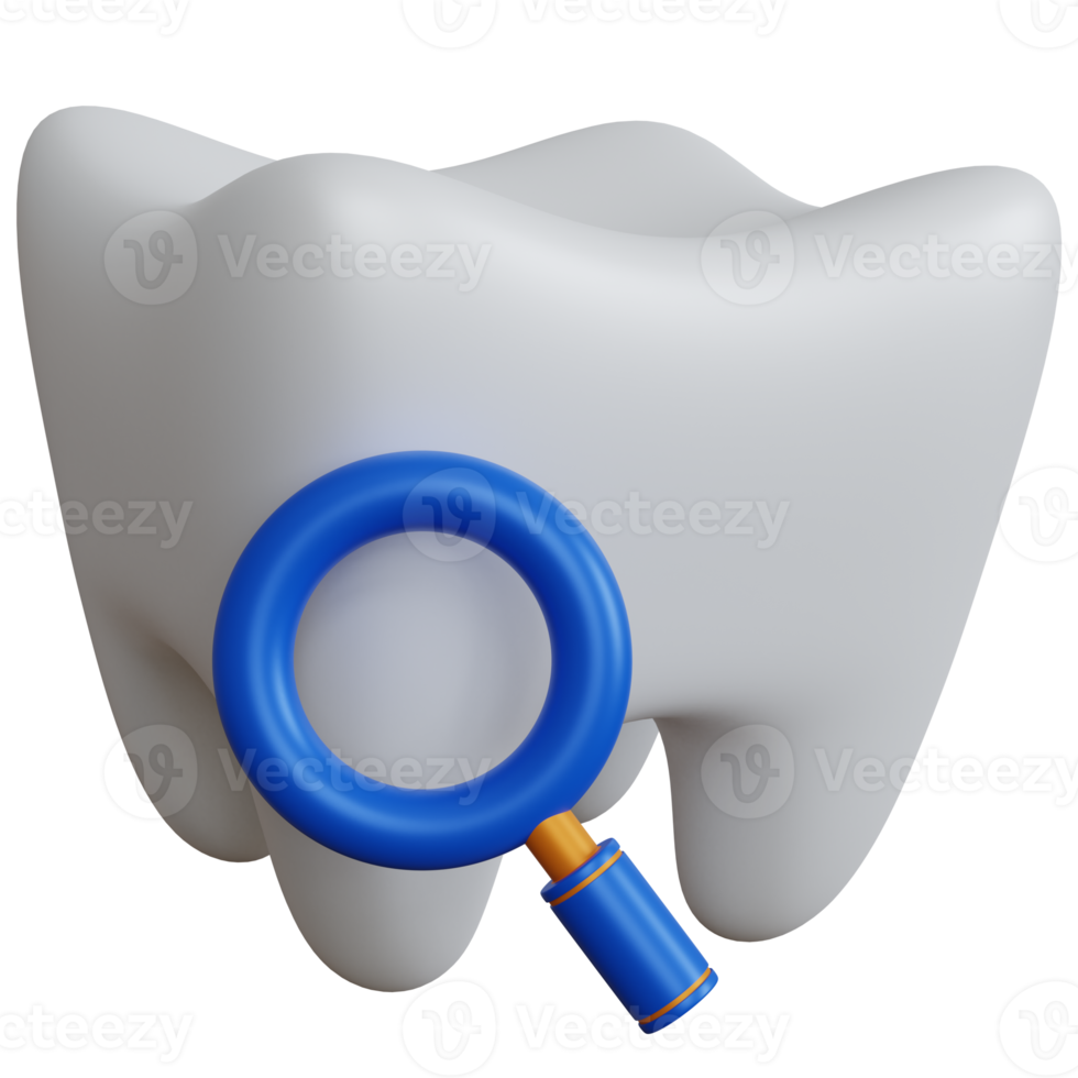 3d rendering white tooth with a magnifying glass isolated png