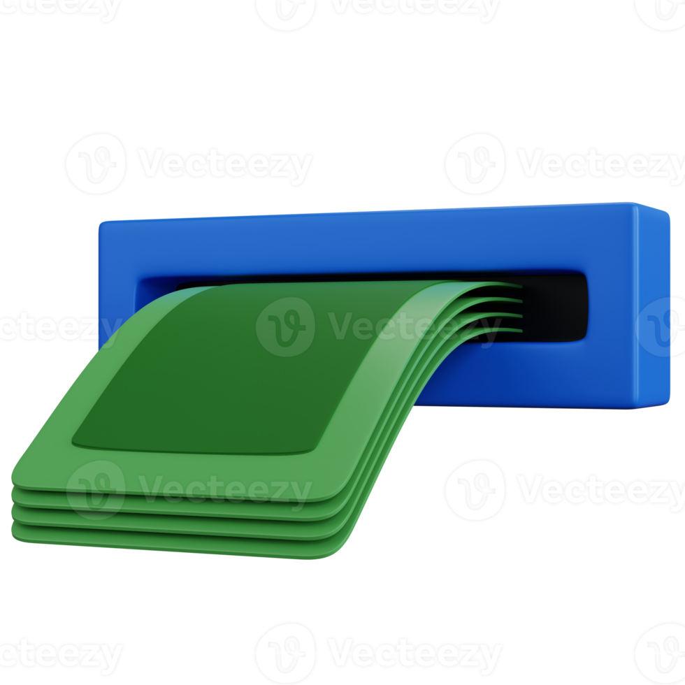 3d rendering atm machine with some money isolated png