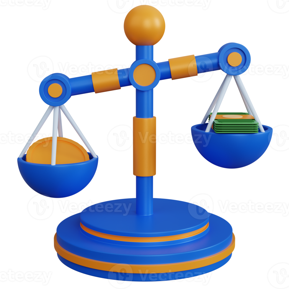 3d rendering balance scale with coins and banknotes isolated png