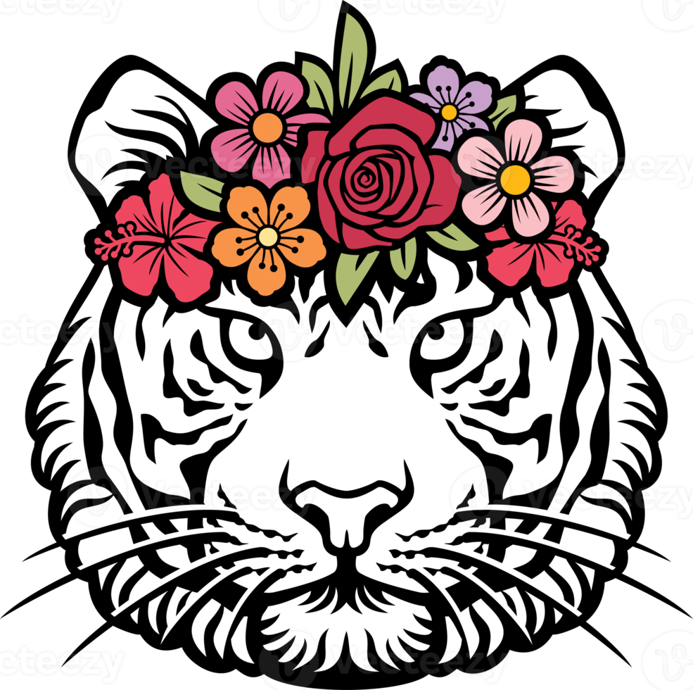 tijger hoofd met bloemen illustratie png