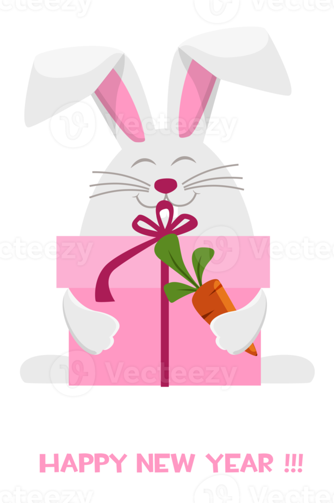 Happy New Year 2023, Cartoon Rabbit Zodiac. Greeting card template, Bunny with gift box and carrot. png