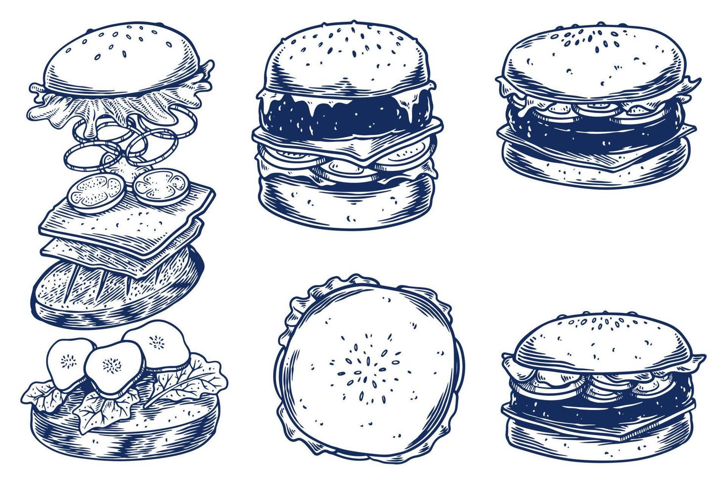 Food engraving hand drawing set of hamburger on white background. vector