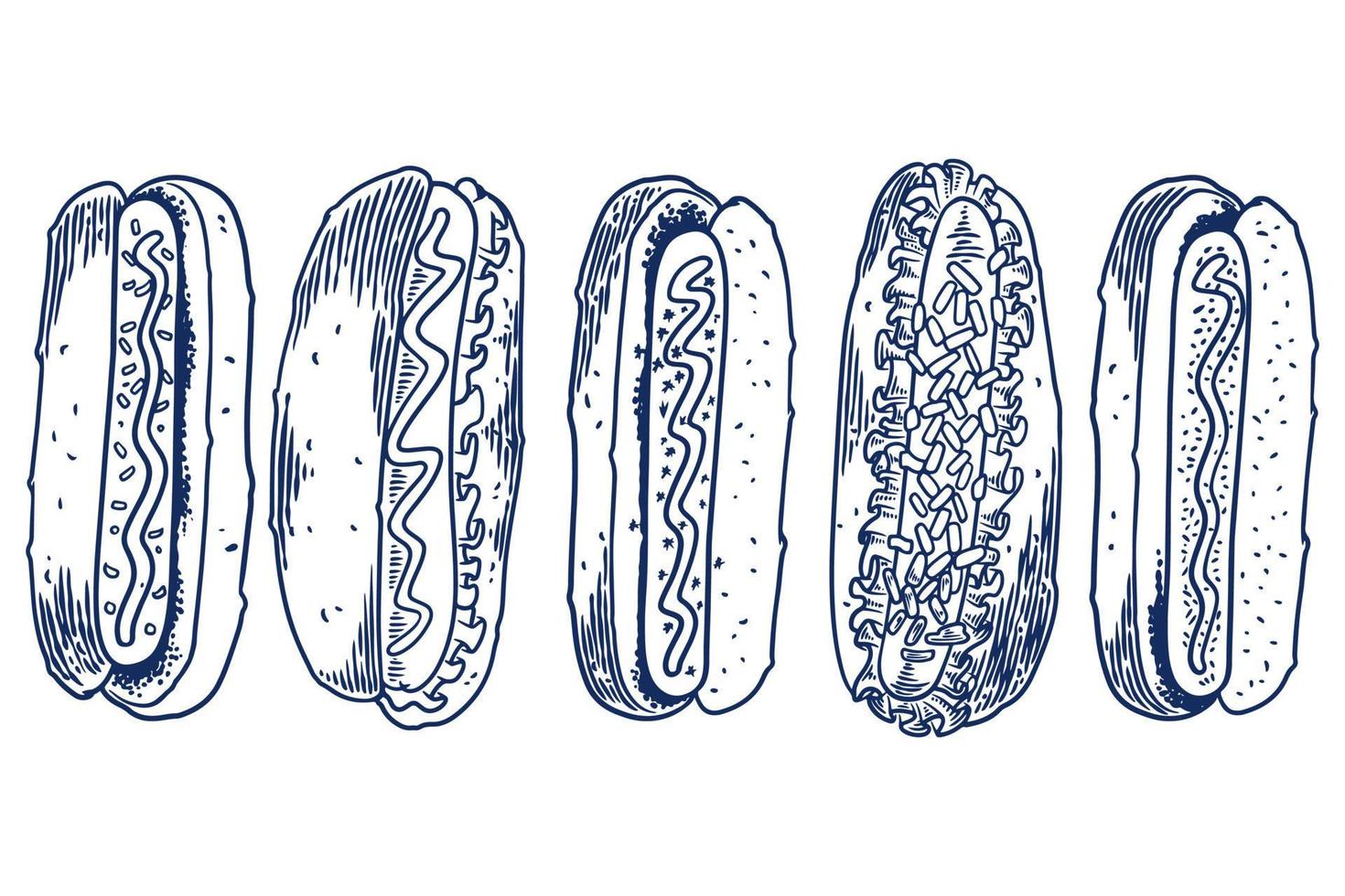 Food engraving hand drawing set of hotdog isolated on white background vector
