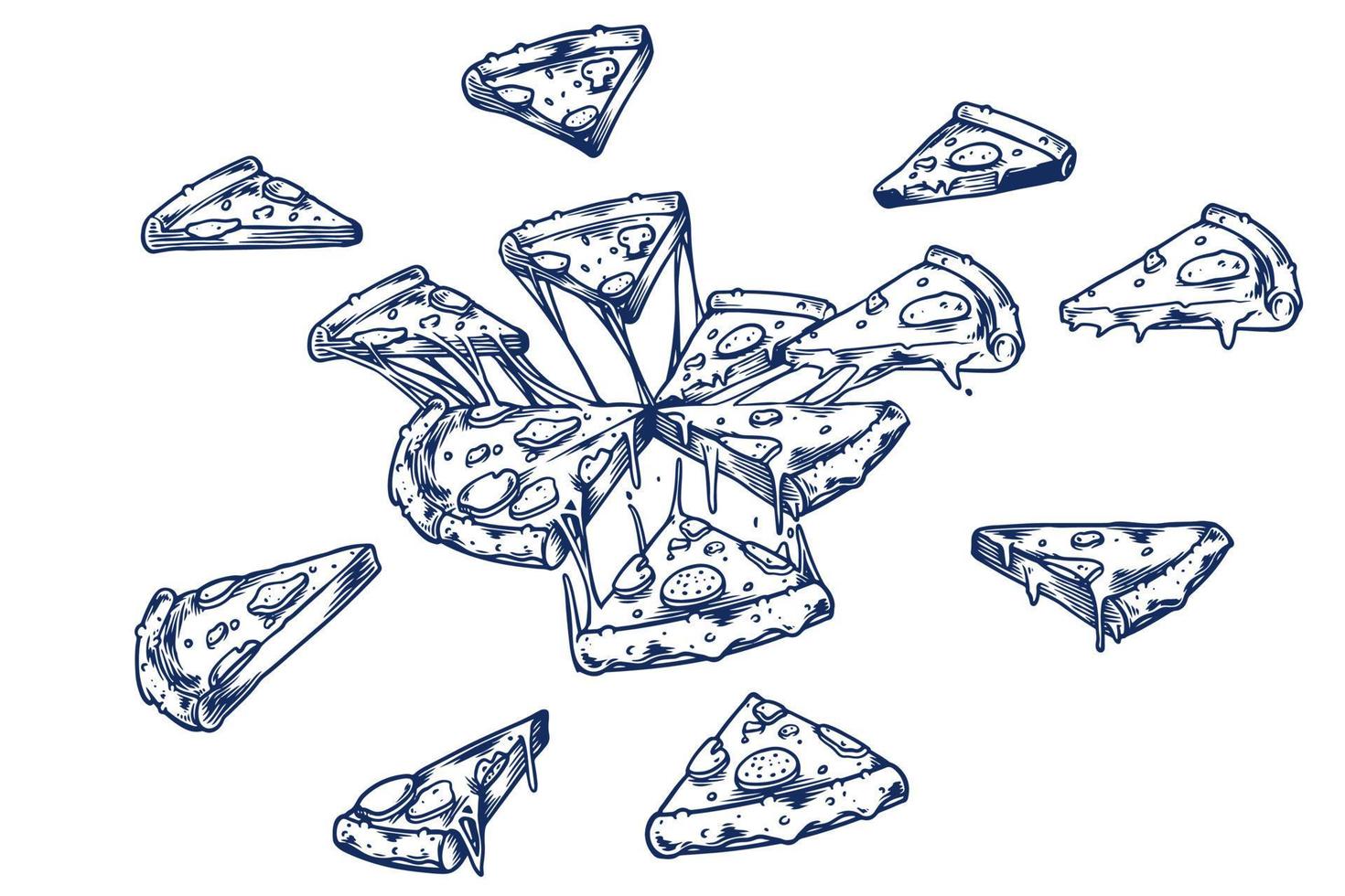 Juego de dibujo a mano de grabado de alimentos de pizza aislado sobre fondo blanco. vector