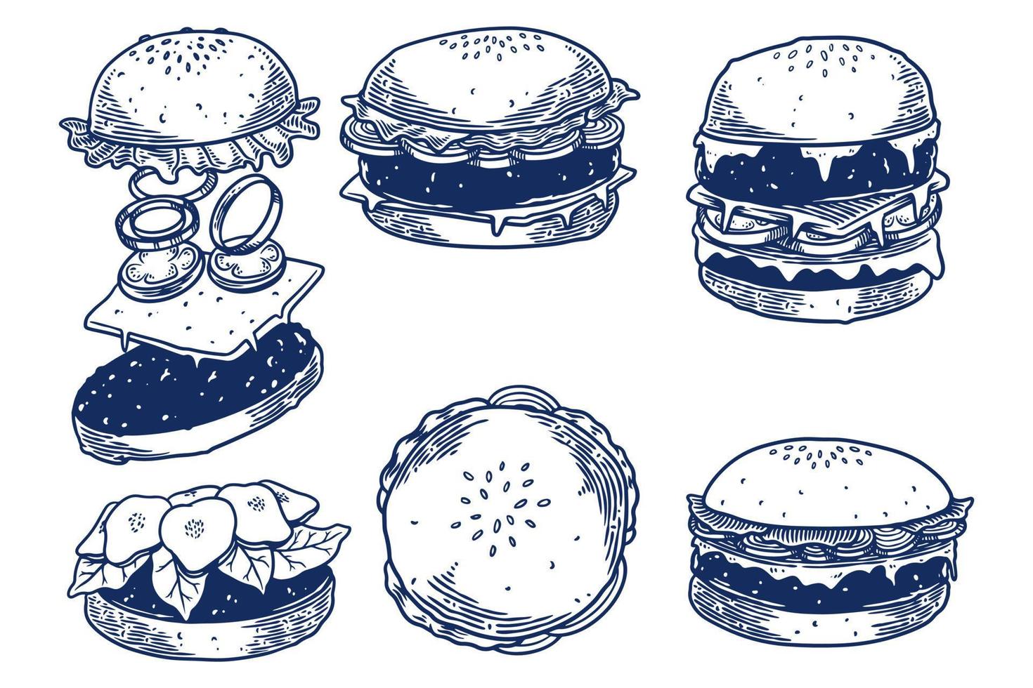 juego de dibujo a mano de grabado de alimentos de hamburguesa sobre fondo blanco. vector