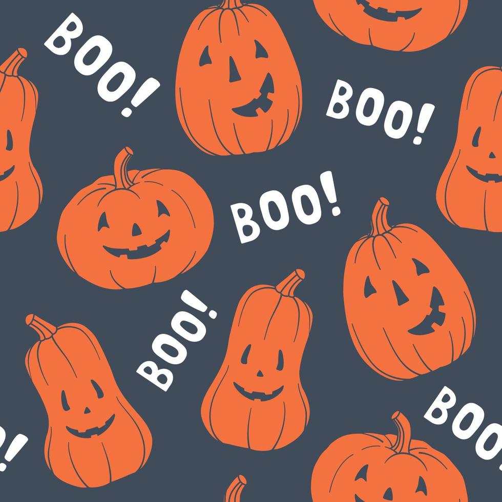 Pattern pumpkins. Main symbol of Halloween. Orange pumpkin with various funny faces. Template for your design. Hand drawn trendy vector seamless pattern. Square background, wallpaper