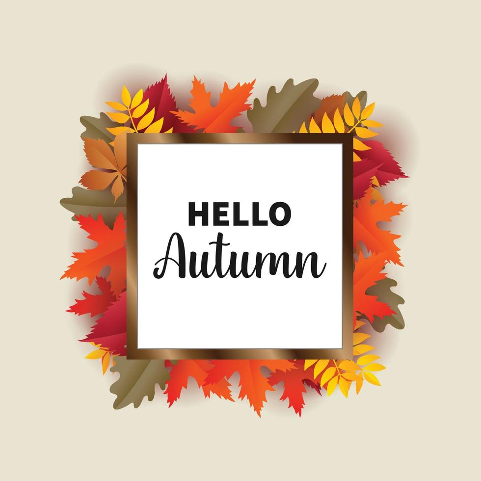 Hello Autumn wooden square frame with fall leaves vector