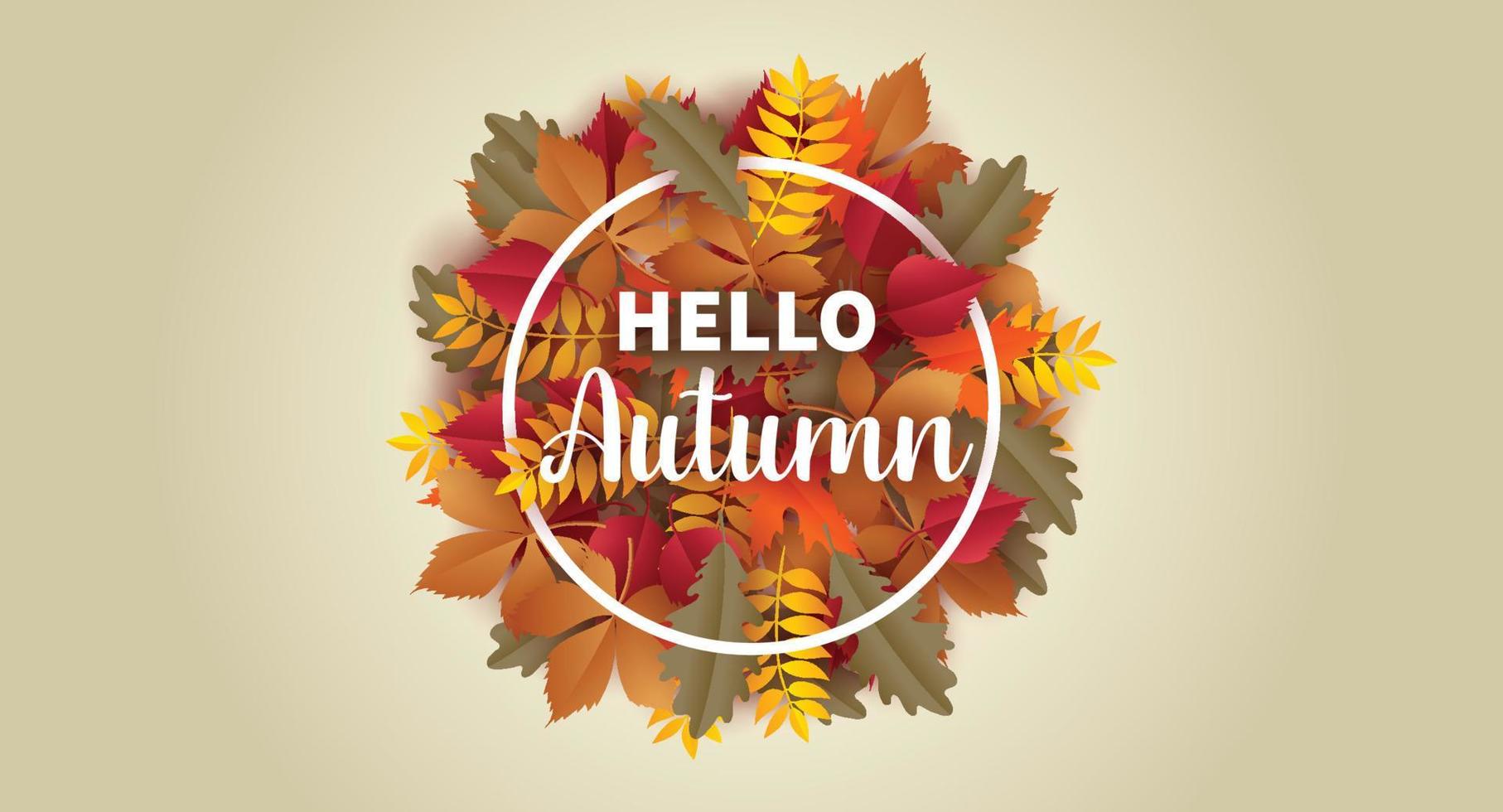 Hello Autumn vector background with round frame and fall leaves