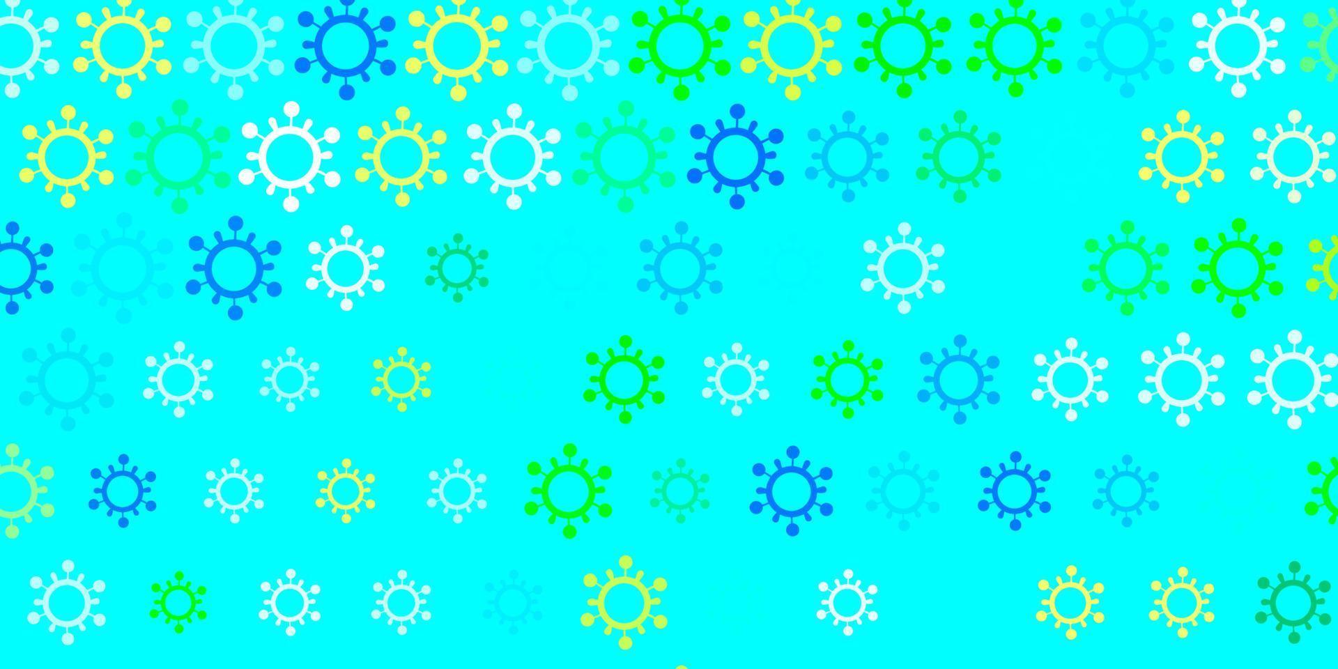 Fondo de vector azul claro, verde con símbolos covid-19.