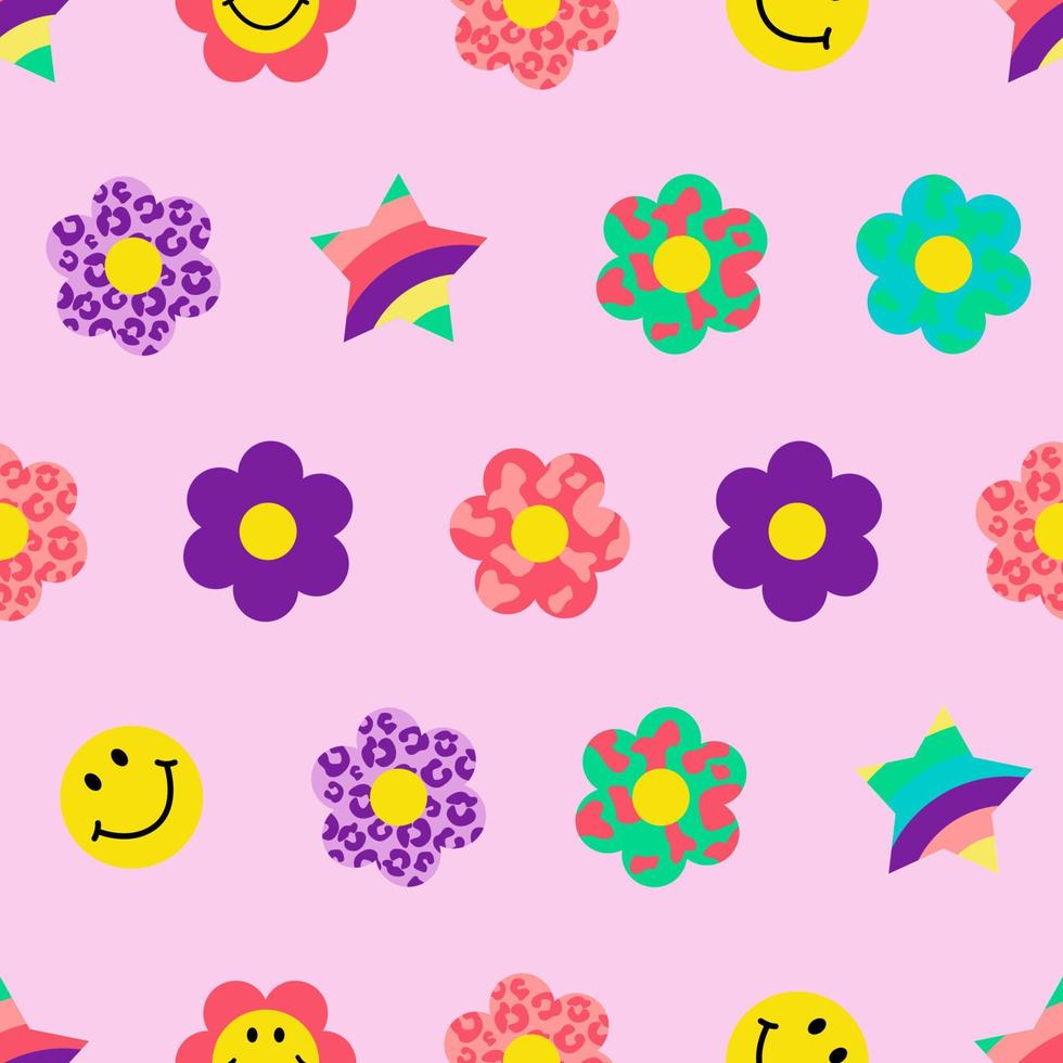 Cool groovy flower seamless pattern Y2k Style. Trendy funky background, poster, stickers. Vector illustration.