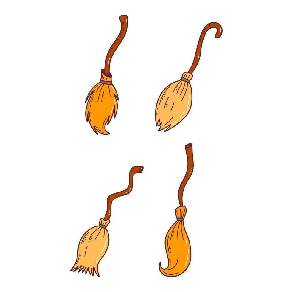 Set of different witch brooms. Halloween elements. Trick or treat concept. Vector illustration in hand drawn style