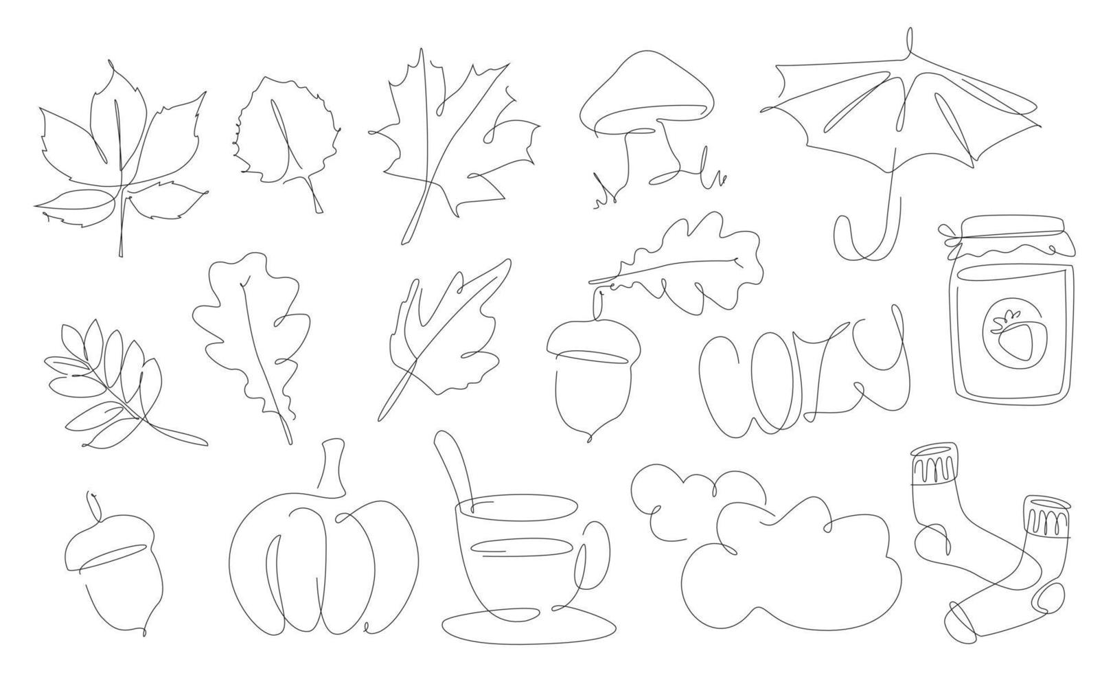 Autumn elements line art. season fall one line set. Autumn leaves, cozy socks. tea and jam in linear style. Acorn and other wether vector icons