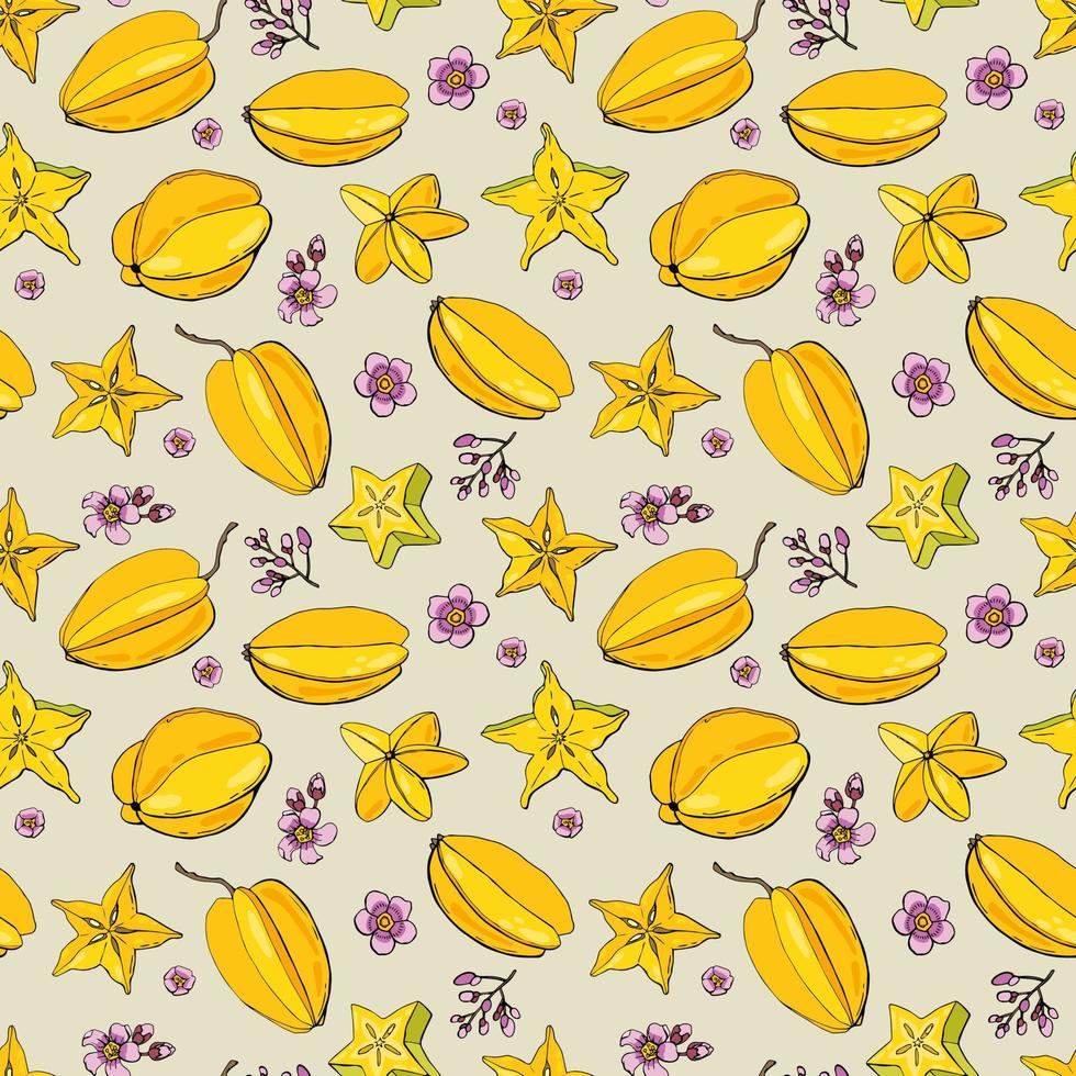 Carambola. Fruit seamless pattern with Carambola. Design for fabric, textile, wallpaper, packaging. vector