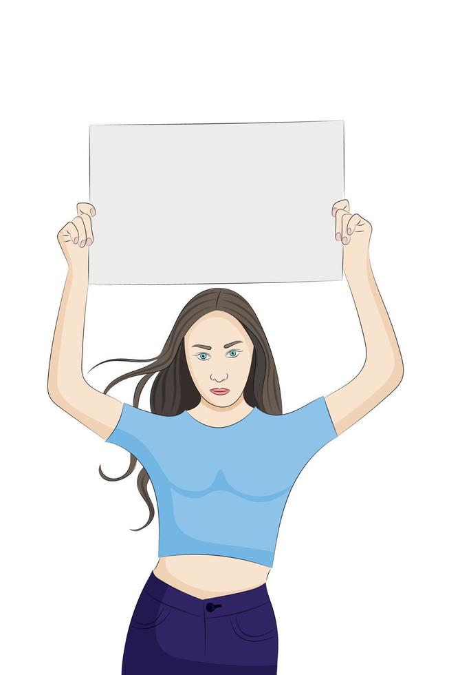 Portrait of a girl holding a blank placard, flat vector, isolated on white, girl holding a blank sheet above her head vector