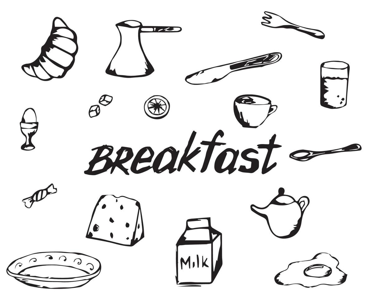 hand-drawn black and white illustration of a doodle set of items for breakfast vector