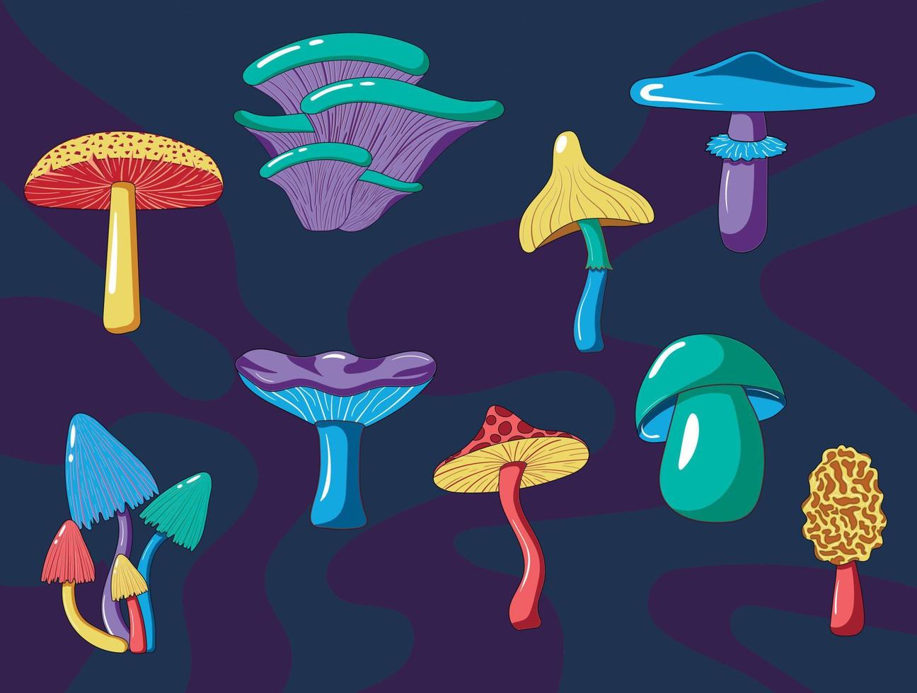 Set of psychedelic hallucinogenic bright groovy hippie mushrooms in 70s style isolated on wavy dark background vector