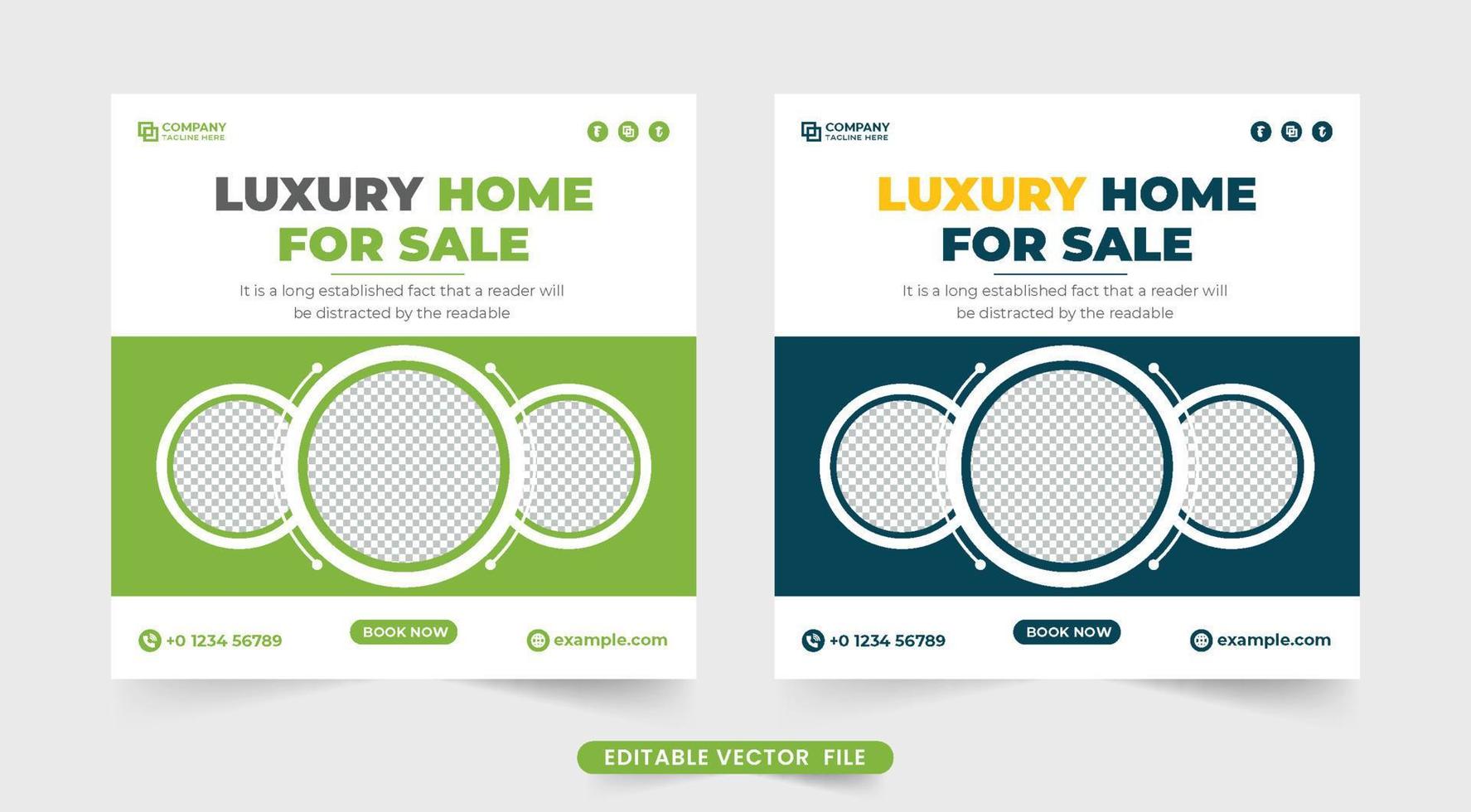 Luxury home selling business template for digital marketing. Real estate agency social media post design with dark and green colors. Housing and property selling commercial templates vector. vector