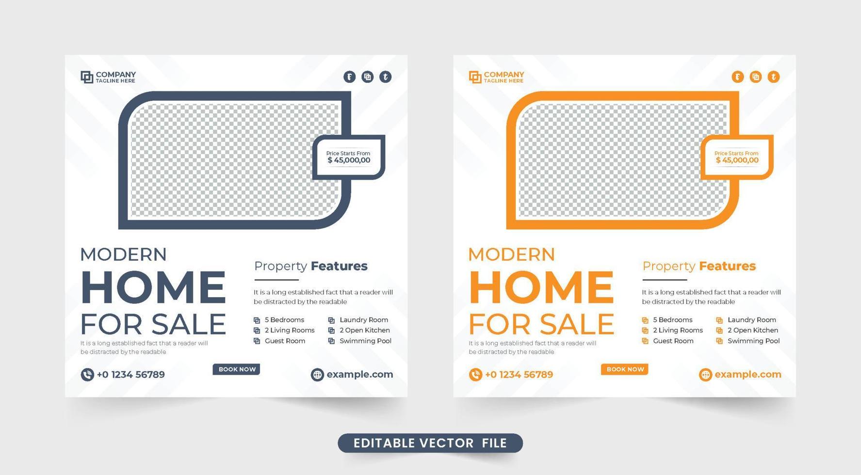 diseño creativo de publicación de redes sociales de venta de casas con sección de detalles de propiedad. vector de plantilla comercial de agencia inmobiliaria con colores oscuros y amarillos. banner web de marketing de negocios de venta de viviendas.