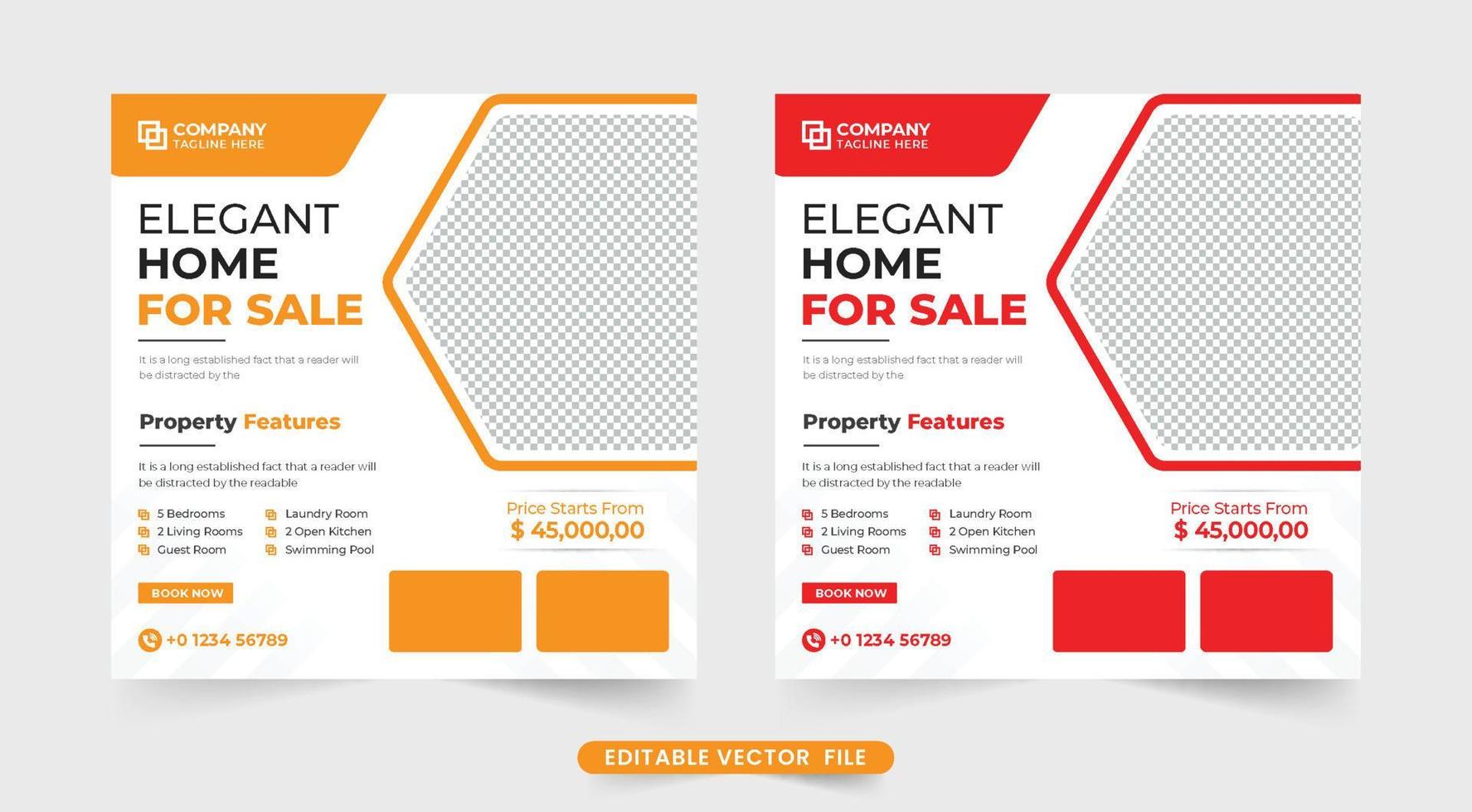 Real estate business social media post design with red and yellow colors. Modern home selling advertisement template with property details section. Corporate business promotional web banner vector. vector