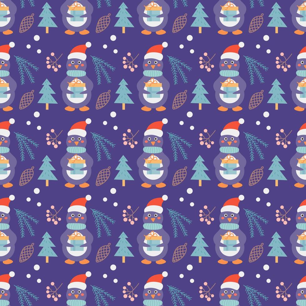 Cute penguin with a gift, Christmas vector seamless pattern