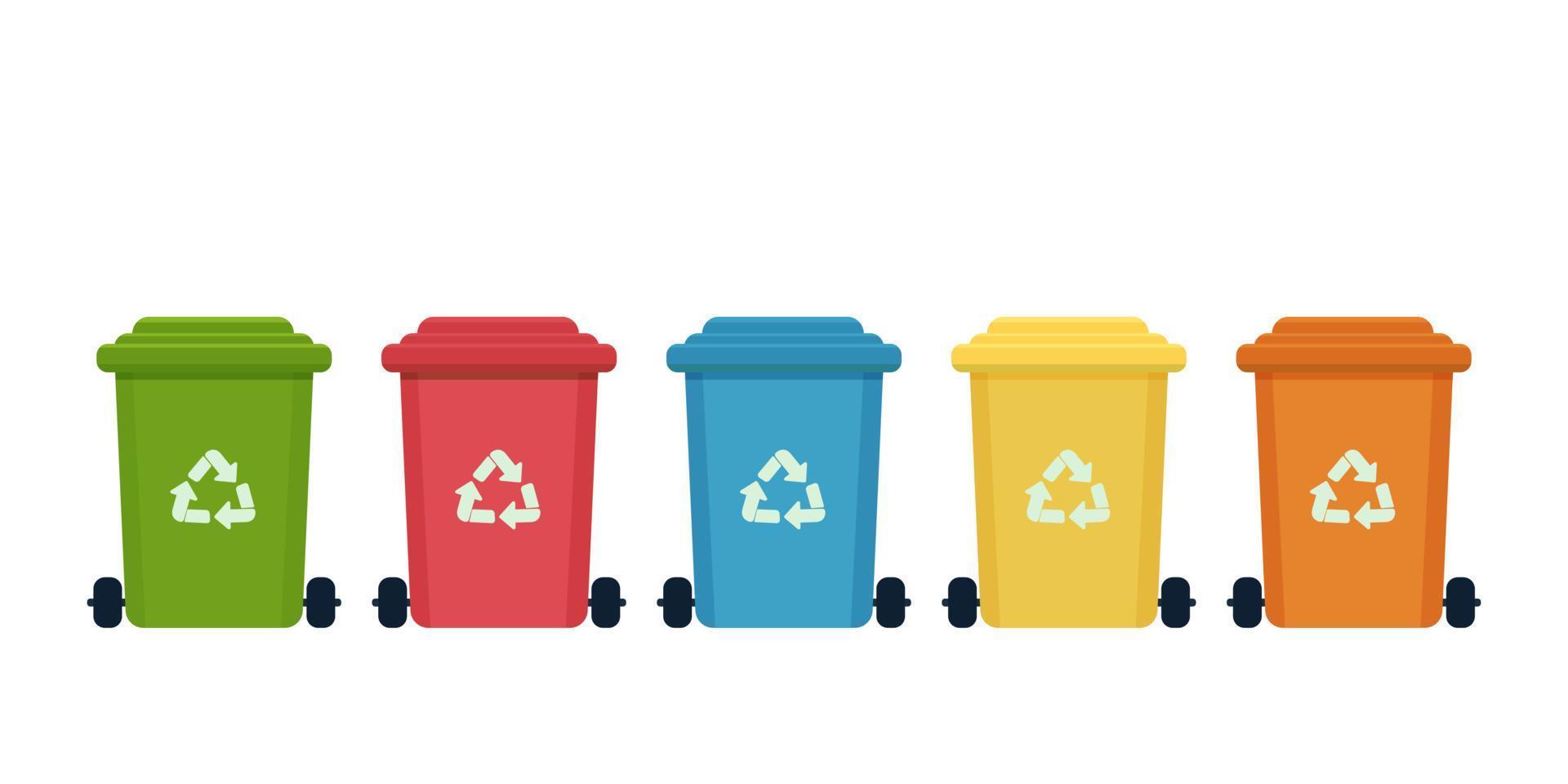 Multi colored trash cans isolated on white background. Waste bins with icons of ecological processing of products. . Vector illustration