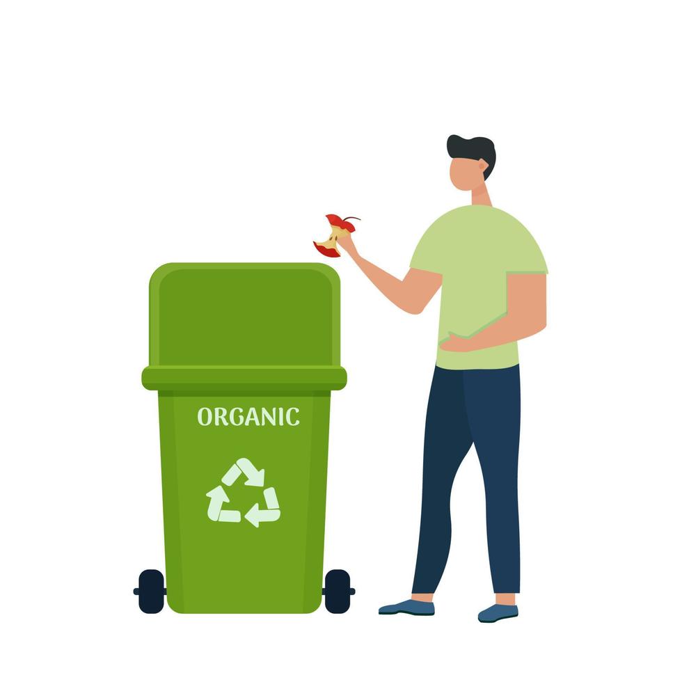 hombre de carácter lindo poniendo basura en un cubo de basura orgánico verde. gestión de clasificación y reciclaje, concepto ecológico en estilo de dibujos animados planos, ilustración vectorial de stock. vector