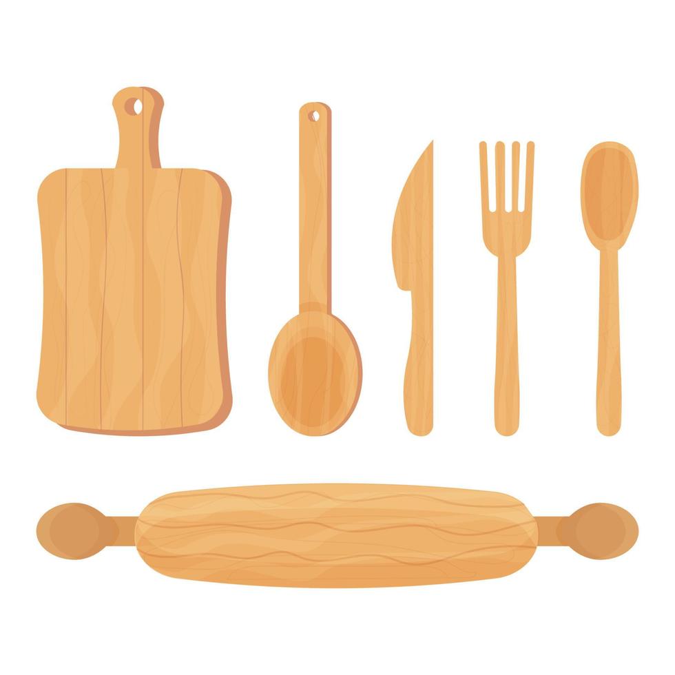 Set of Cooking wooden kitchen tools spoon, knife, fork, rolling pin isolated on white background. Ecological material, reusable. Vector illustration