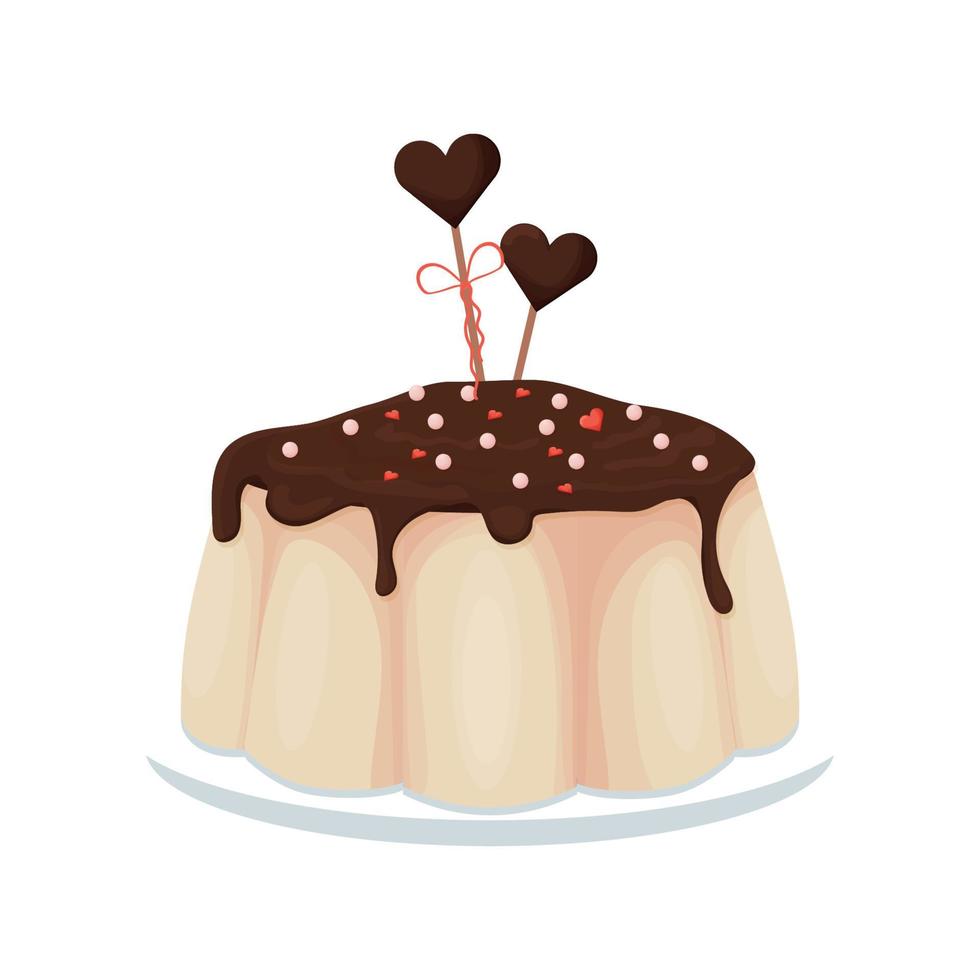 sabroso pudín con glaseado de chocolate, postre de confitería, menú festivo aislado en fondo blanco. clipart único, elemento de diseño con decoración en forma de corazón. ilustración vectorial vector