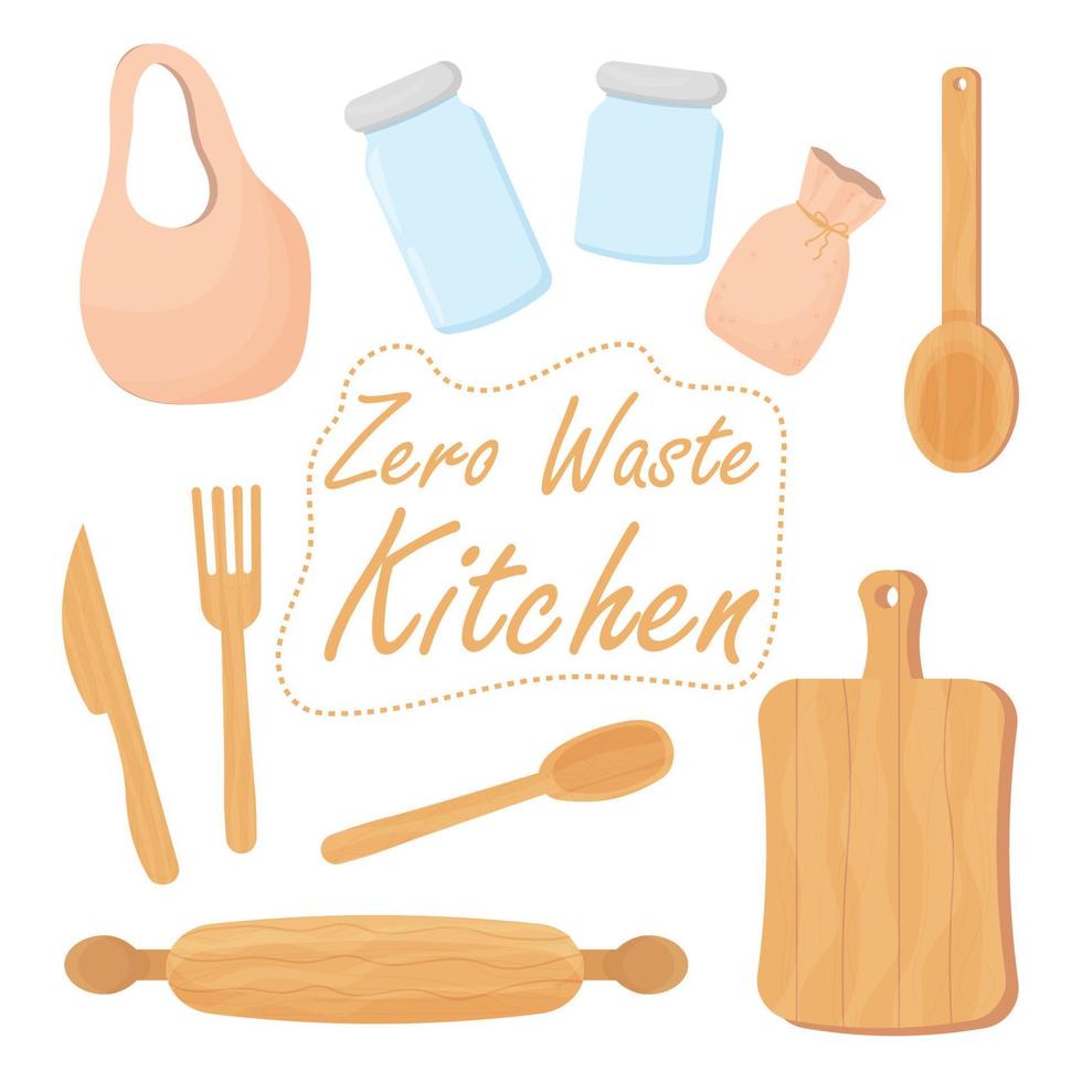 establecer cocina cero objetos de desecho aislados sobre fondo blanco. elementos ecológicos y reutilizables de vidrio, madera, bambú. ilustración vectorial vector