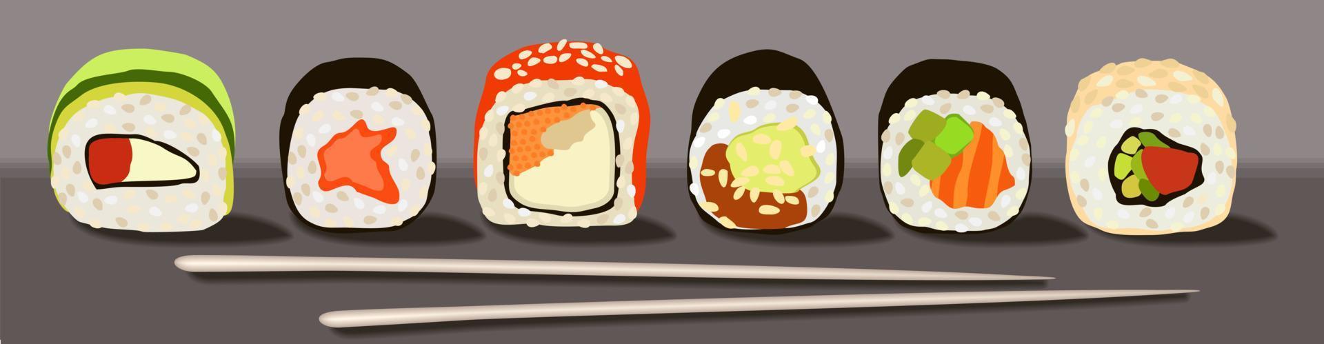Vector set of various rolls with chopsticks. Traditional japanese cuisine.