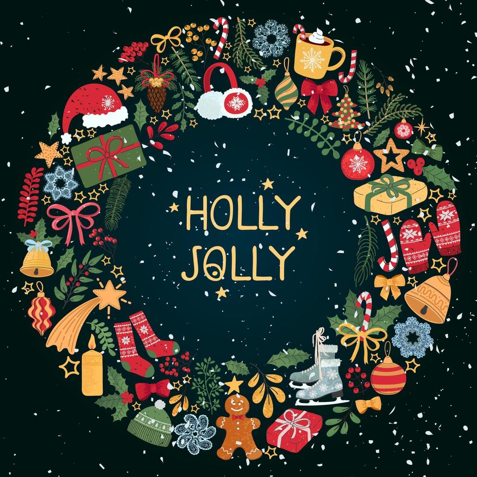 plantilla de corona navideña vectorial con letras holly jolly. marco de dibujo a mano. utilizar como invitación, tarjeta de felicitación, afiche, pancarta, publicación de diseño en medios sociales, cartel, folleto y otros diseños gráficos vector