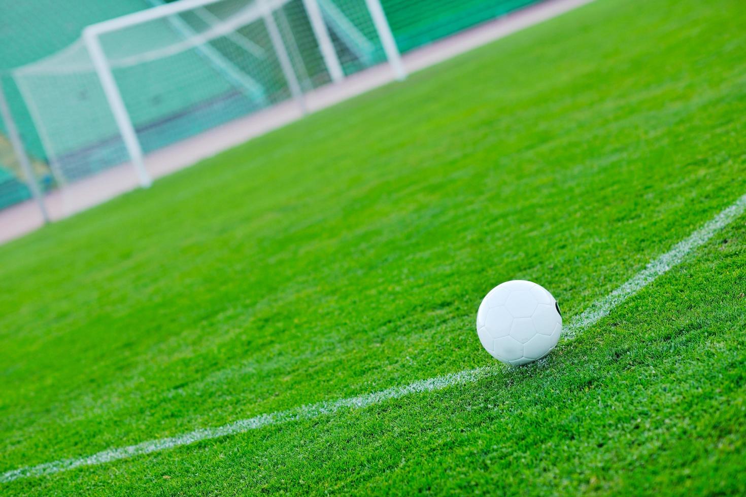 Soccer ball on grass at goal and stadium in background photo