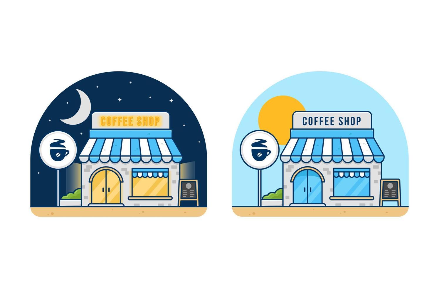 Coffee shop cafe building in night and day time vector flat illustration