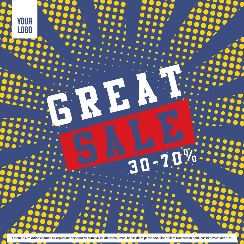 great sale pop art poster template in blue and yellow background vector