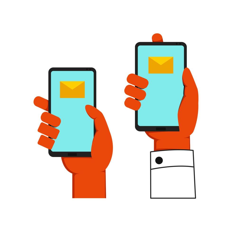 Set one hand holding gadget phone with email icon illustration in orange or dark skin color vector