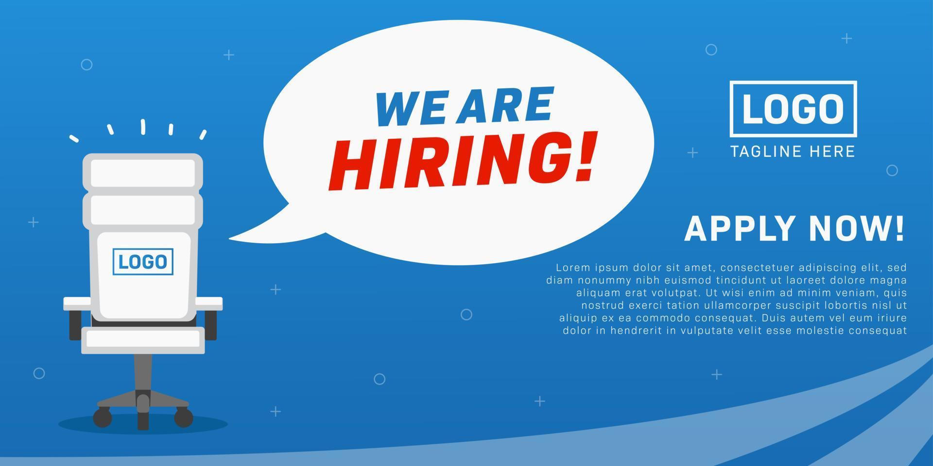 Job vacancy we are hiring poster with empty office chair illustration ads for millennial in landscape size vector