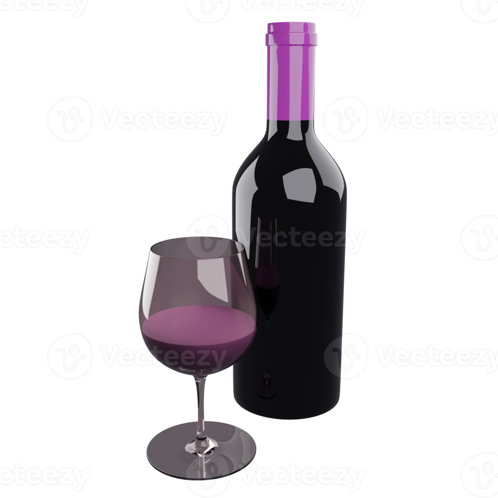 Botella de vino de uva de representación 3d y vidrio sobre fondo transparente png