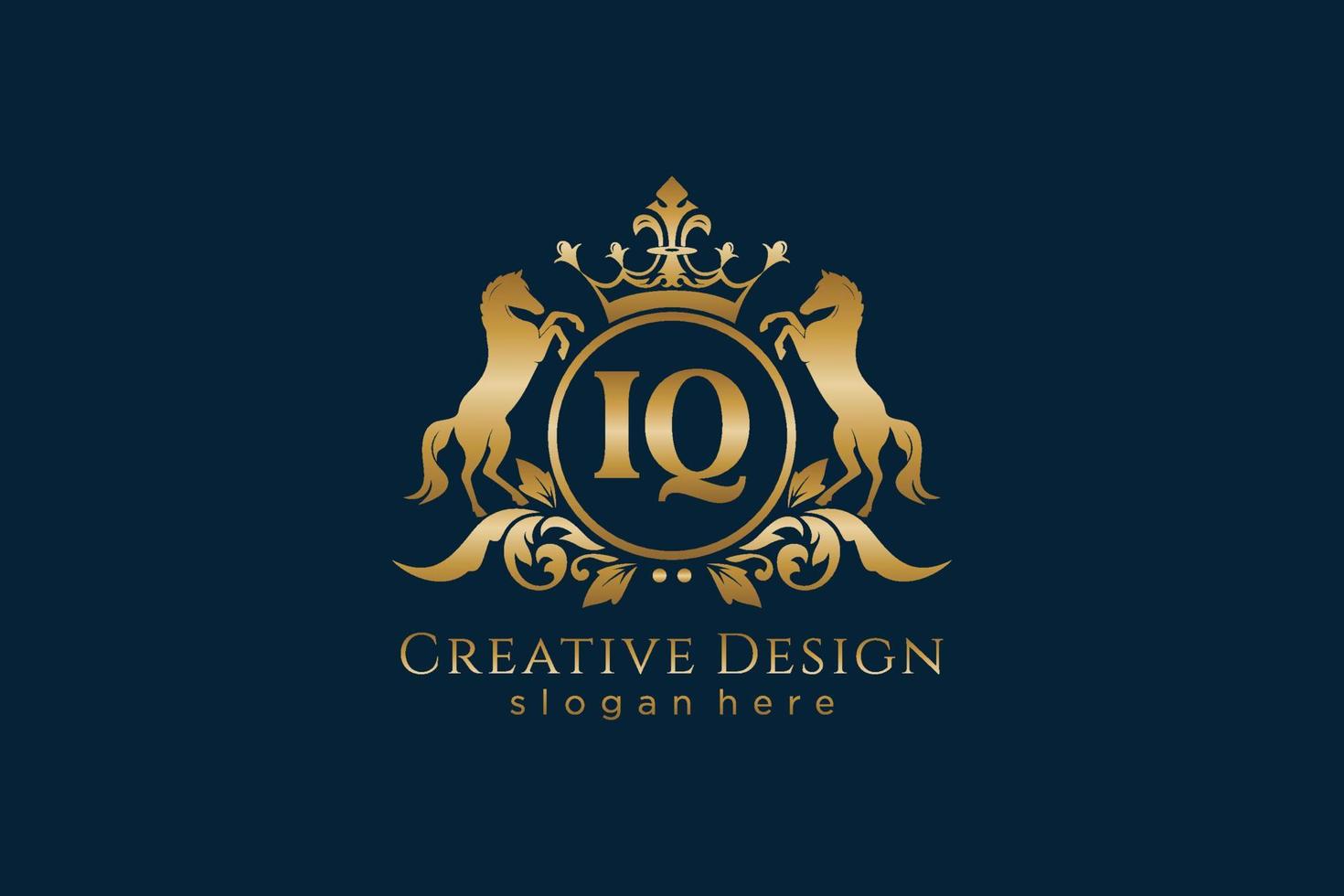 initial IQ Retro golden crest with circle and two horses, badge template with scrolls and royal crown - perfect for luxurious branding projects vector