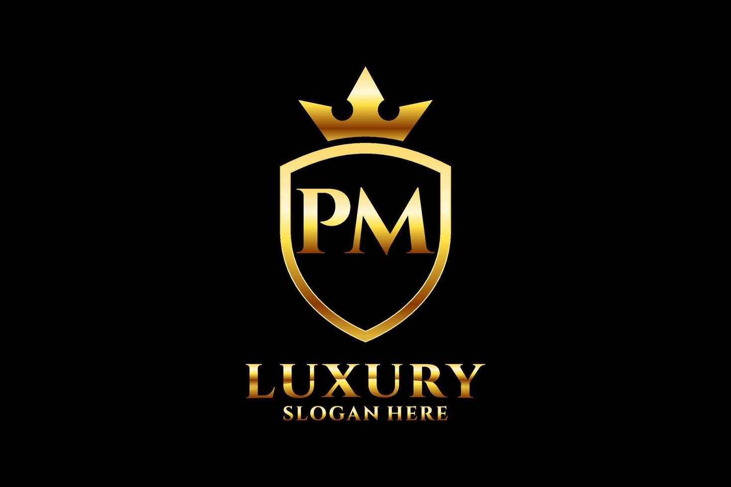 initial PM elegant luxury monogram logo or badge template with scrolls and royal crown - perfect for luxurious branding projects vector