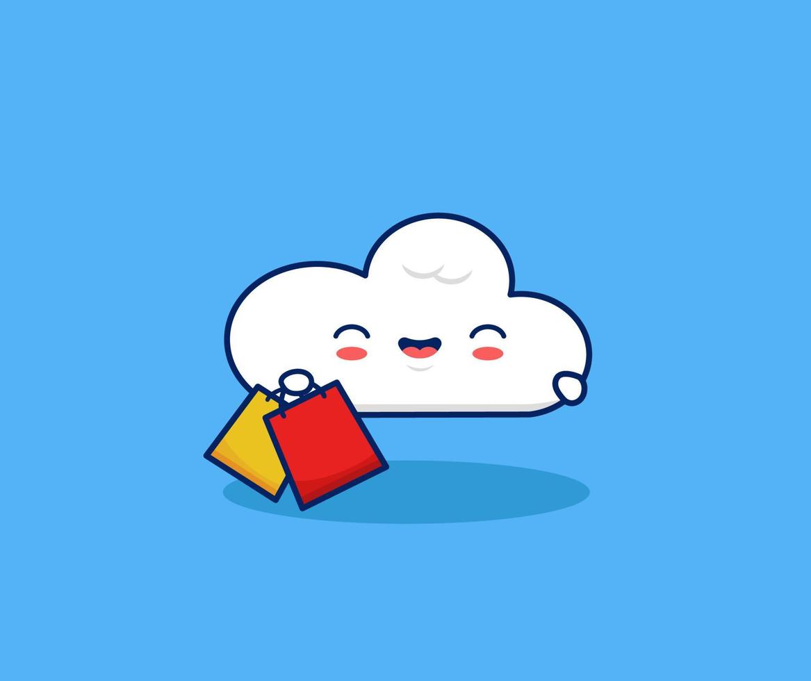 linda nube feliz llevar bolsa de compras. ilustración de mascota de dibujos animados de vector de compras en línea de e-commerce