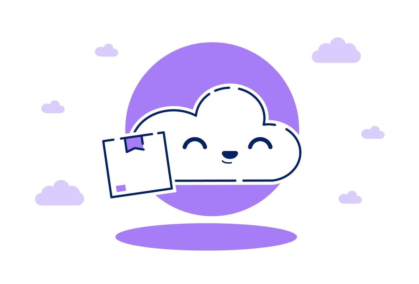 Cute cloud delivery nube voladora entregar paquete paquete línea plana vector ilustración dibujos animados