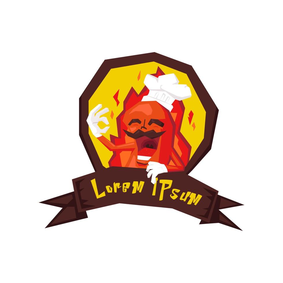 chili chef character mascot with fire background and brown ribbon vector