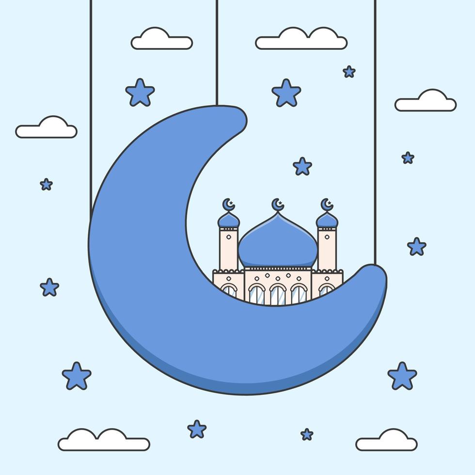 Cute Blue dome flat design Ramadan Mosque on half crescent moon vector