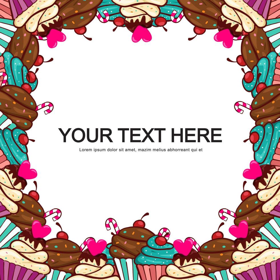Greeting Card template with sweet cupcakes frame and text template in the center design vector