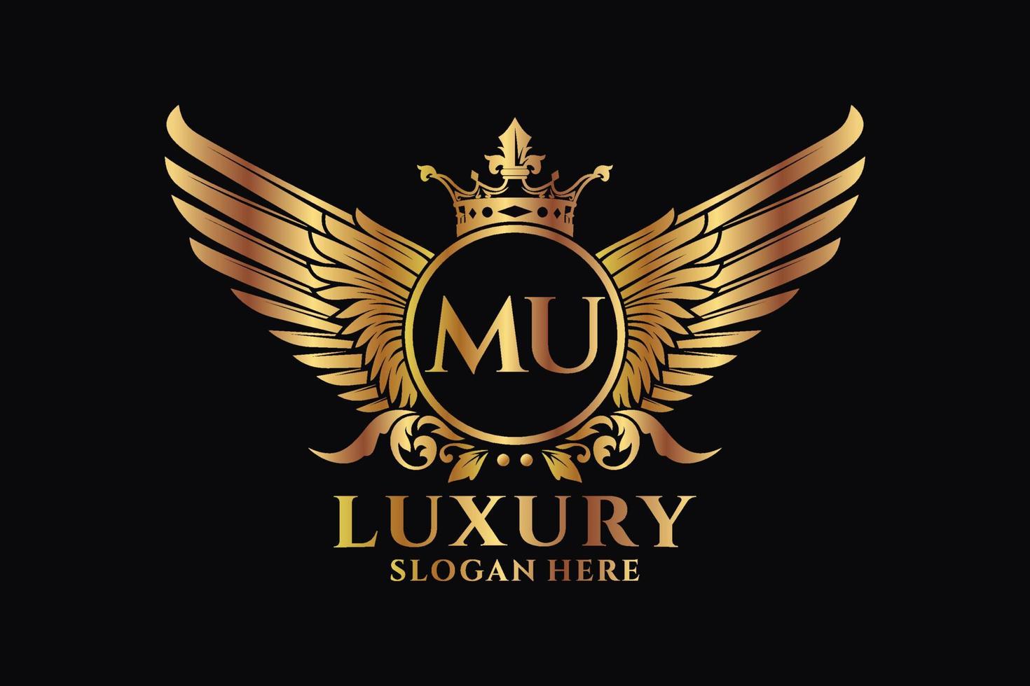 Luxury royal wing Letter MU crest Gold color Logo vector, Victory logo, crest logo, wing logo, vector logo template.